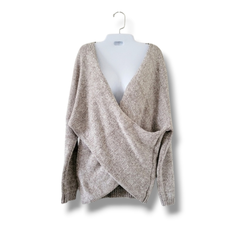 AEON | Cute Beige/Taupe Surplus Cross Front Long Sleeve Knit Sweater